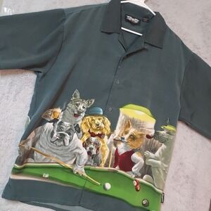 Vintage Dragonfly Shirt Men XL Dogs Pool Smoking Retro Graphic Print Loop Collar